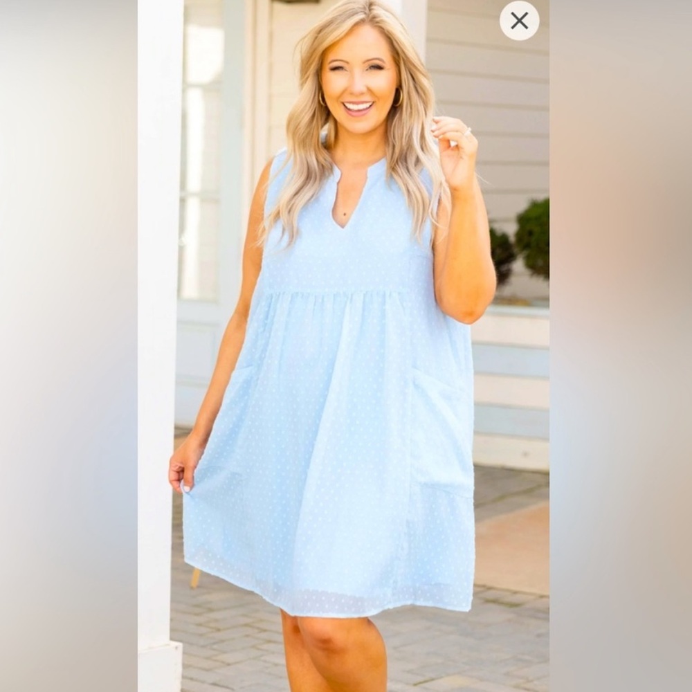 Jodfil 1x Baby Blue Swiss Dot Front Pocket Sleeveless Dress Chic Soul
